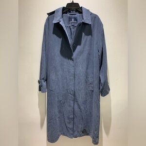 London Fog Women's Trench Coat Blue Soft Faux Suede Hood Pockets Size 14